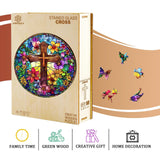 Jigfoxy Wooden Puzzles for Adults, Stained Glass Cross Wood Puzzles Adult, Unique Animal Shape Wooden Jigsaw Puzzles for Adults, Birthday Gifts for Puzzle Lovers, Family (M-11.4 * 11.4in-200pcs) Jigfoxy