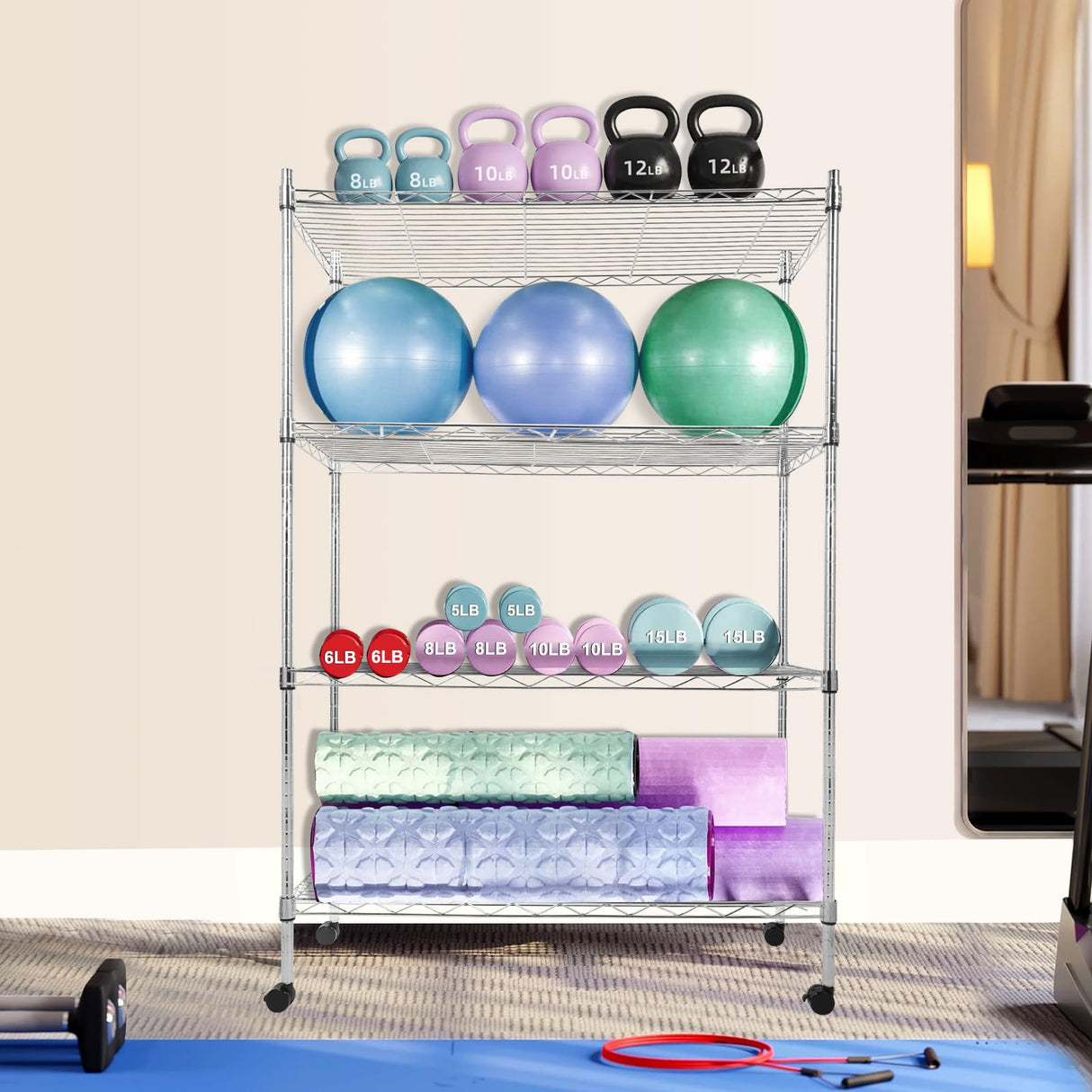 Whitmor 4 Tier Storage Shelves, Heavy Duty with Wheels, Adjustable Steel Organizer Wire Rack, 400 lbs Capacity per Shelf, Max 1600 lbs Total for Garage, Kitchen, Plant, 36" L x 14" W x 54" H, Chrome Whitmor