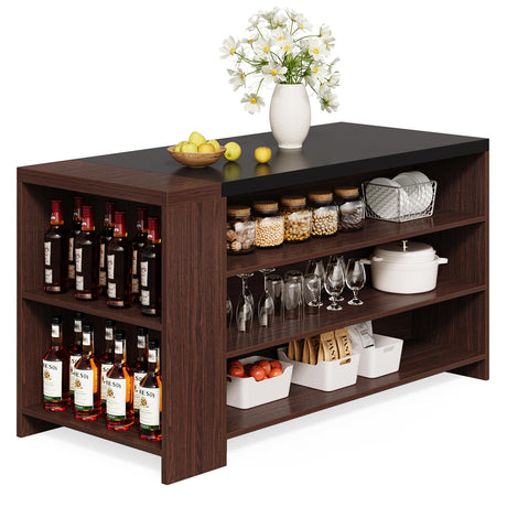 LITTLE TREE 55 Inches Modern Wooden Kitchen Island with Large Worktop & Leg Room, 4-Tier Storage Cabinet for Dining Room, Coffee Bar Table Cabinet for Living Room LITTLE TREE