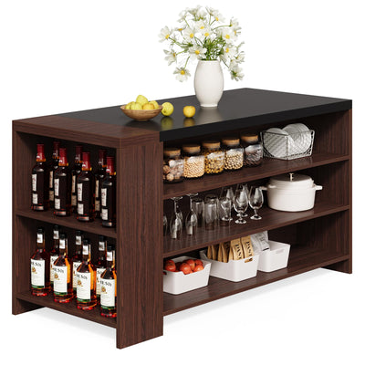 LITTLE TREE 55 Inches Modern Wooden Kitchen Island with Large Worktop & Leg Room, 4-Tier Storage Cabinet for Dining Room, Coffee Bar Table Cabinet for Living Room