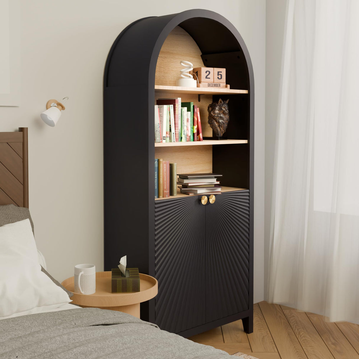 HIUU Tall Arched Bookcase,Rounded 5 Tier Bookshelf Wooden,Arched Kitchen Pantry Cabinet,Black Display Cabinet,Mid-Century Modern Book Case with Door,Black HIUU