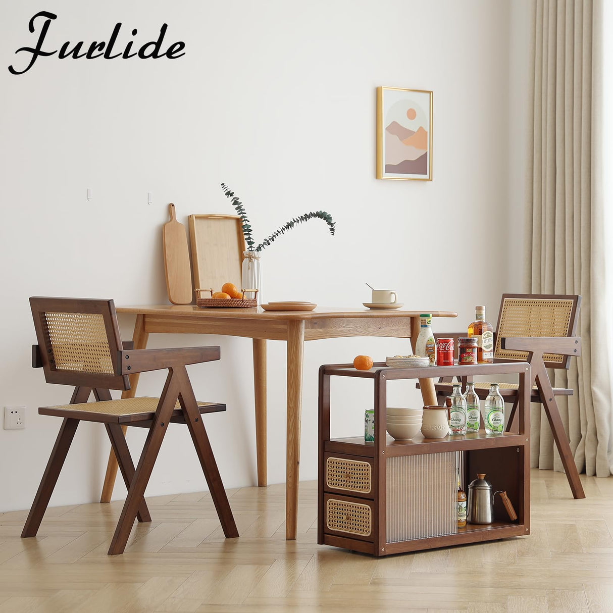 Furlide Rattan Side Table with Storage, Bamboo Nightstand Bedside Table, Glass Mid Century Modern End Tables for Small Spaces, Living Room, Bedroom，Walnut Furlide