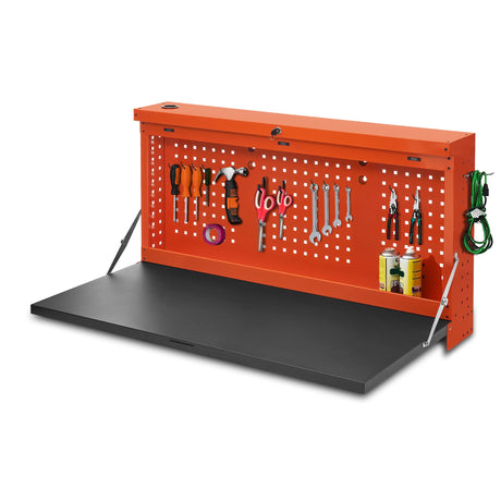 MCombo Metal Wall Mounted Workbench for Garage, Folding Worktable with Pegboards, Workstation Workout Bench for Shop (220lbs Load Bearing) Box11 (Orange) MCombo
