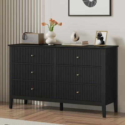 RoyalCraft Black 6 Drawer Dresser, Fluted Modern Wood Dresser, Double Chest of Drawers, Long Dresser for Bedroom TV Stand Storage Cabinet for Living Room