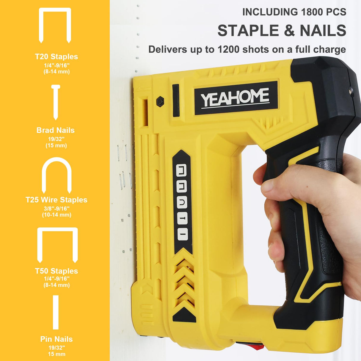 YEAHOME Electric Staple Gun, 5 in 1 Cordless Staple Gun for Upholstery with 1800 Staples & Nails, 3.7V Brad Nailer Kit with USB Charger for Wood, Carpentry, Crafts, DIY YEAHOME