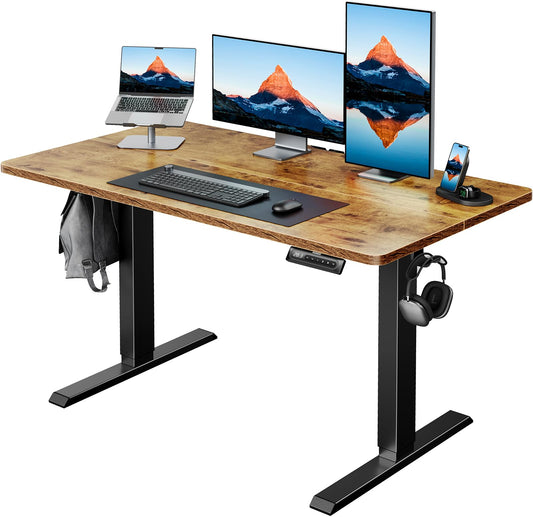 HUANUO 48" x 24" Electric Standing Desk Adjustable Height, 4 Memory Height Settings, Headphone Hook, Cable Manager, Sit Stand Up Desk for Home Office & Computer Workstation, Vintage Brown - WoodArtSupply