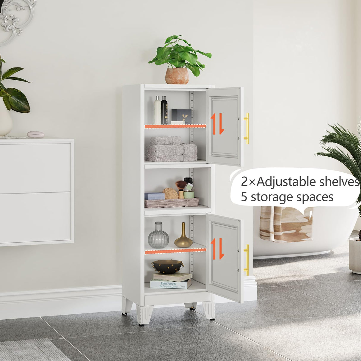 RISTERN 48" Metal Bathroom Storage Cabinet, Kitchen Pantry Storage Cabinet with 2 Doors and Adjustable Shelves, Steel Corner Floor File for Bathroom, Living Room, White, 11.81"D x 15.75"W x 47.64"H RISTERN