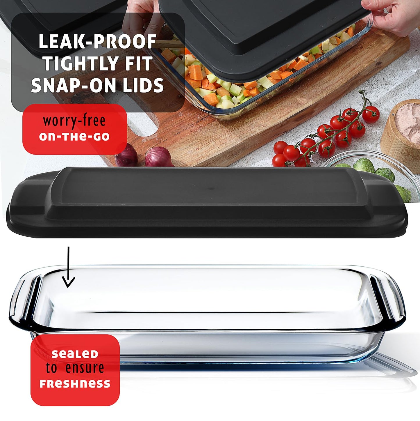 Nestl 4-Pack Glass Baking Dishes for Oven, Glass Food Storage Containers with Lids, Leakproof Casserole Dishes for Oven with Lid, Cooking, Microwave Oven Freezer Safe Bakeware, 9x13 Lasagna Pan Black