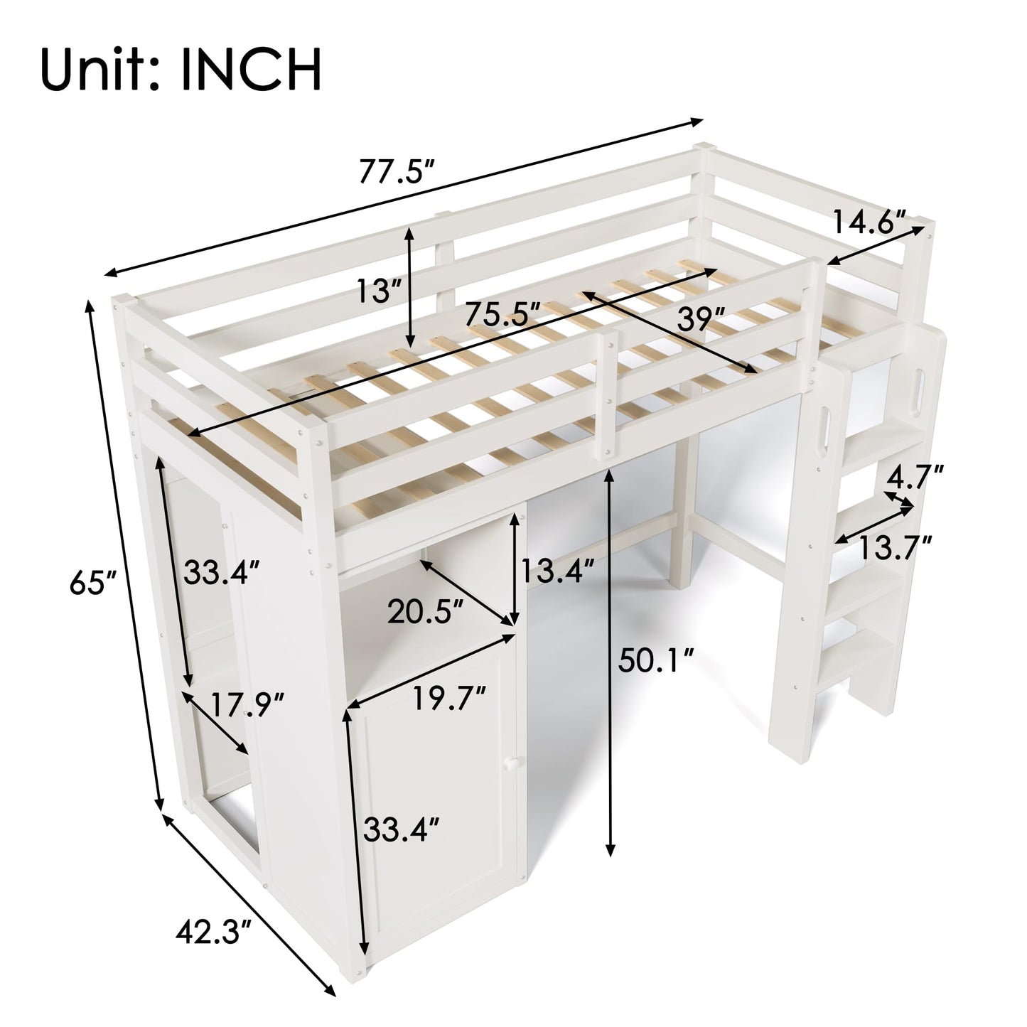 Merax Twin Loft Bed with Storage Cabinet, Shelves, and Open Wardrobe in White - WoodArtSupply