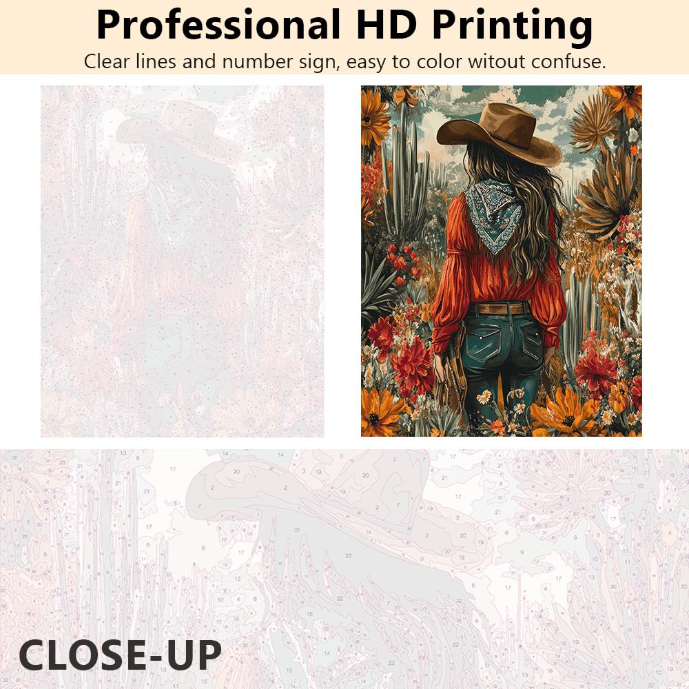 TUMOVO Adult Paint by Number Kit on Canvas Woman in Cowboy Hat, Flowers and Cactus DIY Color by Number, 16 x 20 Inch TUMOVO