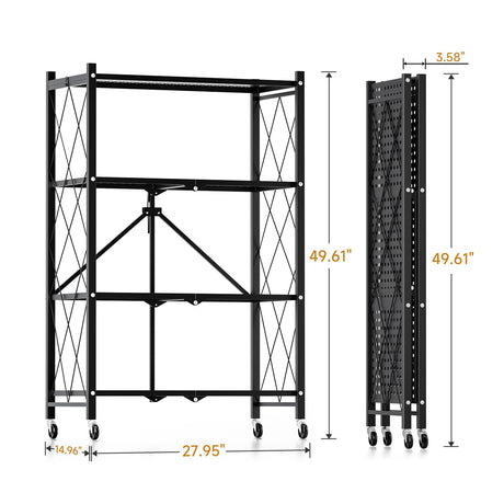 HealSmart Heavy Duty 4-Tier Foldable Metal Rack, 14.96" D x 27.95" W x 49.61" H Storage Shelving Unit 1000 lbs with Wheels Moving Easily Organizer Shelves Great for Garage Kitchen, Black HealSmart