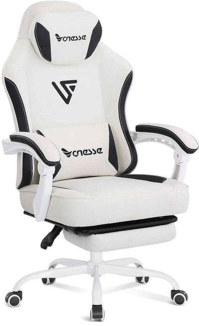 Vonesse Gaming Chair, Computer Chair Fabric with Pocket Spring Cushion, Office Chair with Footrest and Massage Lumbar Support, Reclining Gaming Chairs for Adults 250LBS (Beige White)
