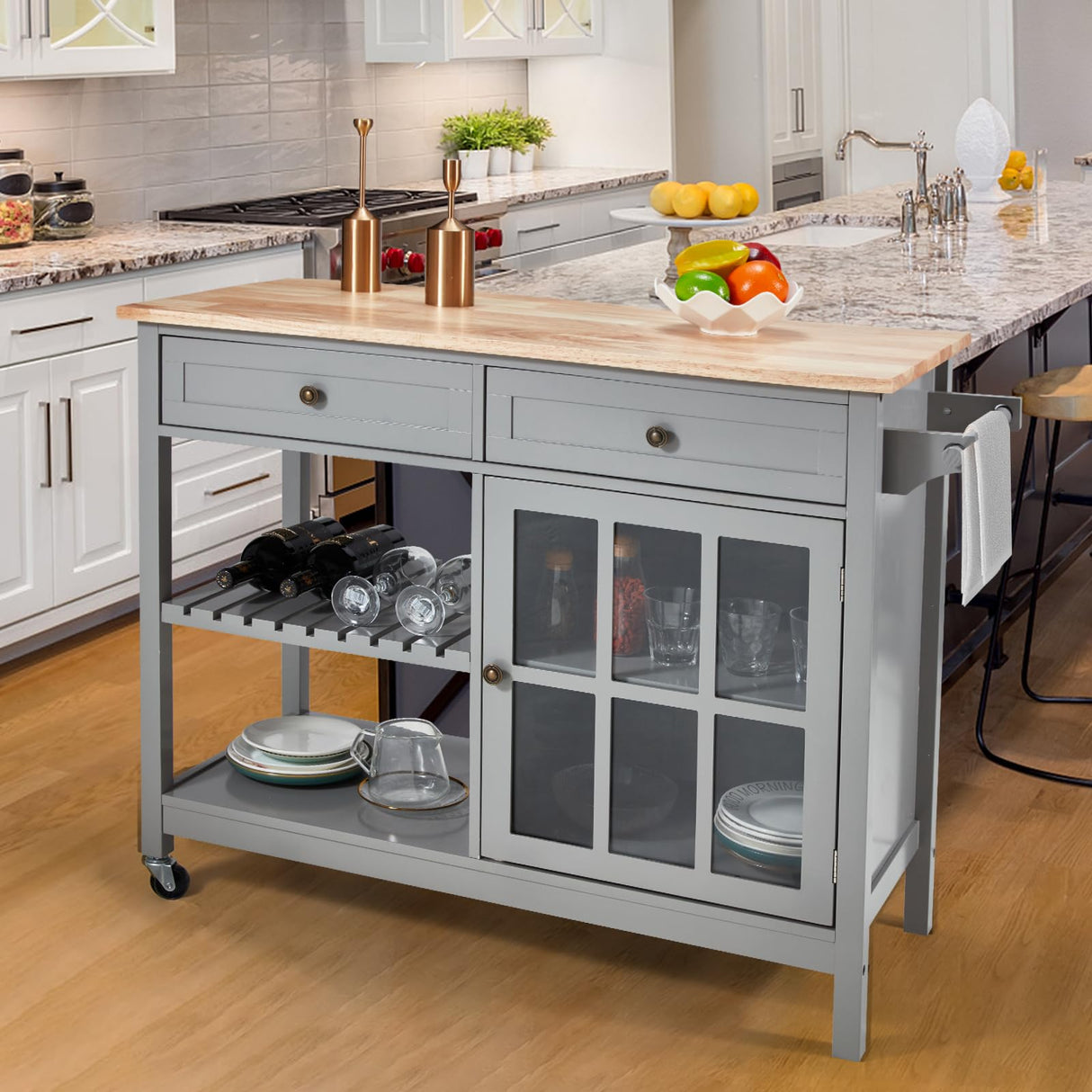 AVAWING Rolling Kitchen Island Cart with Storage, 42" Width Kitchen Cart w/ 2 Wheels, Coffee Cart with Drawers & Openshelves & Glass Cabinet & Towel Rack, Portable Islands, Grey AVAWING