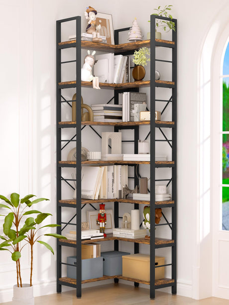 TEROL 7-Tier Corner Bookshelf, Reversible Wooden Shelves, Industrial Bookcase with Open Shelves and Sturdy Metal Frame, Display Shelf Storage Rack for Living Room, Bedroom, Home Office (Rustic Brown) TEROL