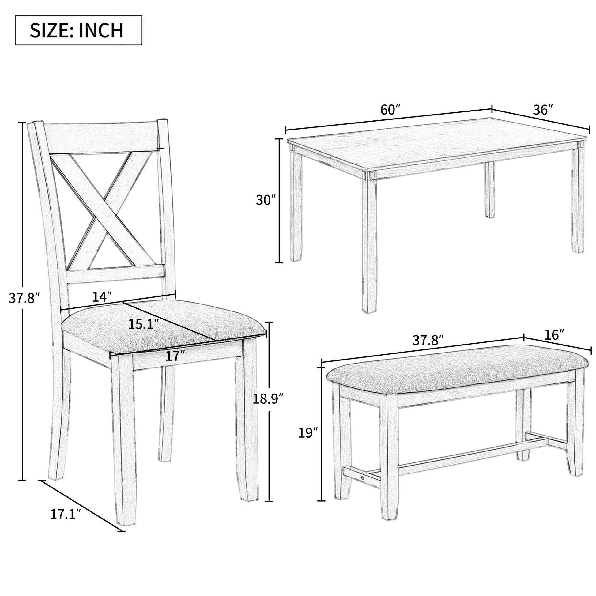 LostCat Dining Table Set for 6, Wood Rectangular Dining Table and 4 Fabric Chairs & Bench, 6-Piece Kitchen Table Set for Dining Room and Living Room, Natural Cherry - WoodArtSupply