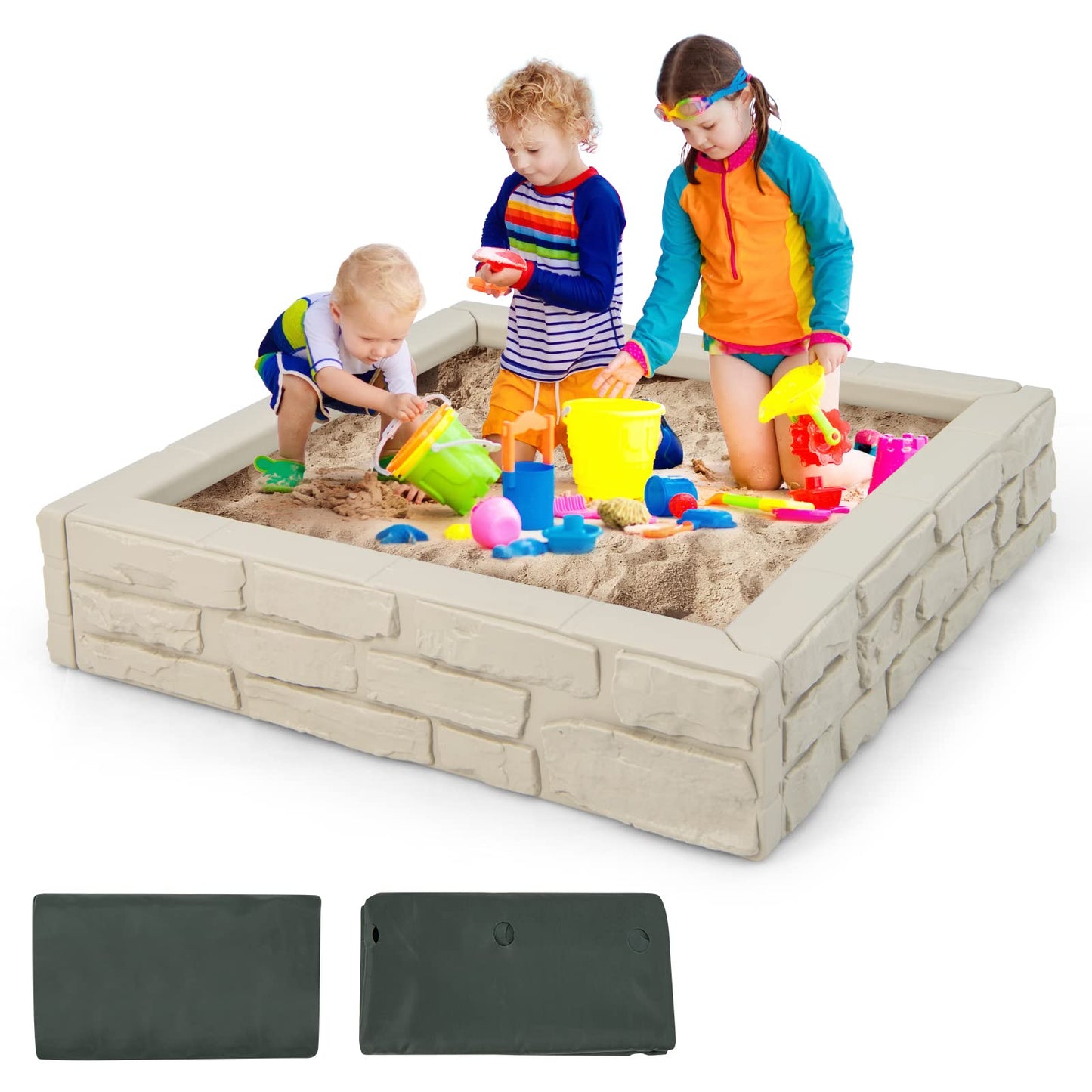 HONEY JOY Sandbox with Cover, 47x47 Inch Square Sand Pit for Backyard, Bottom Drainage Oxford Liner, HDPE Playful All Weather Resistant Sand Boxes for Kids Outdoor with Lid (White) - WoodArtSupply