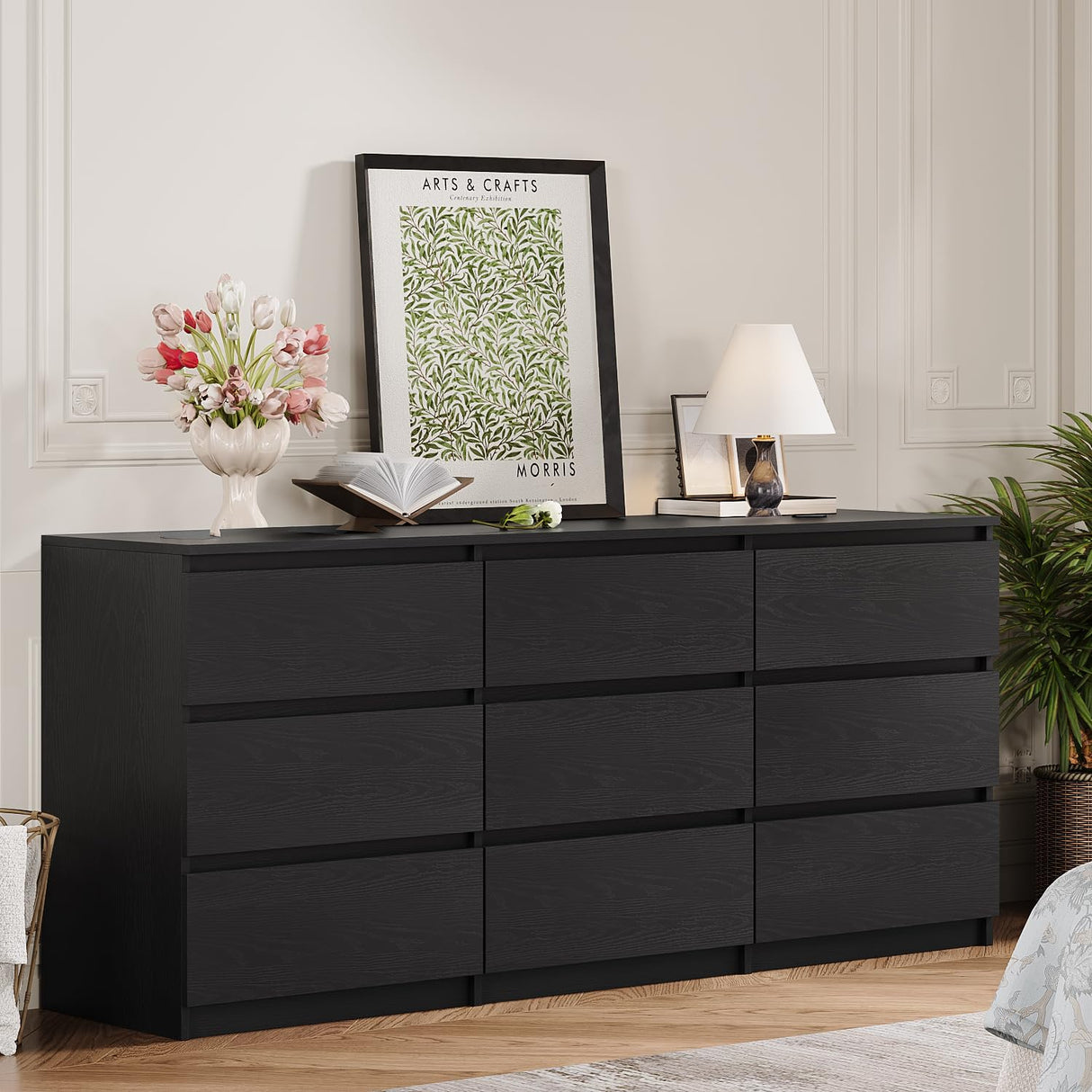 Angel Sar 62'' Black Dresser for Bedroom, Modern 9 Drawer Wood Dresser with Handle-Free Design & Thick Panel, Minimalist Storage Cabinet for Clothes, Entryway Use Angel Sar