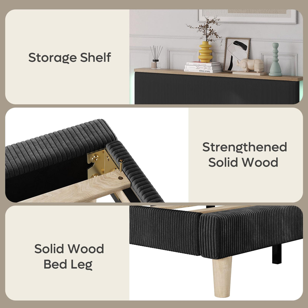 Bestier Queen Bed Frame with Adjustable Headboard & LED Lighting, Corduroy Upholstered Platform Bed Frame with Storage Shelf, Solid Wood Slats, No Box Spring Needed, Never Squeak, Easy Assembly, Black Bestier