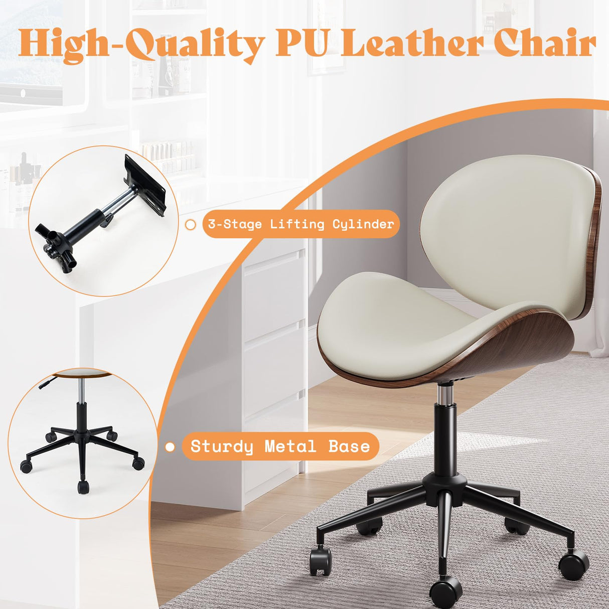 AMERLIFE Home Office Chair Set of 2, PU Leather Desk Chair, Modern Swivel Chair with Curved Back, Armless Desk Chair with Wheels for Home Office, White AMERLIFE