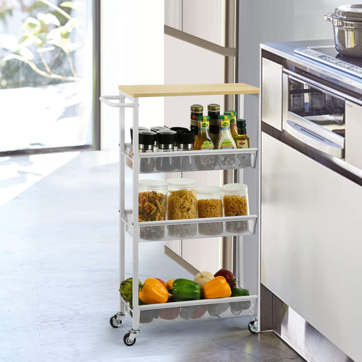 MOOACE Slim Storage Cart, 4 Tier Rolling Kitchen Shelving Unit on Wheels Mobile Narrow Cart with Wooden Tabletop for Bathroom, Laundry Narrow Places, 16.6''x 7.3''x 31.1''inch - White MOOACE