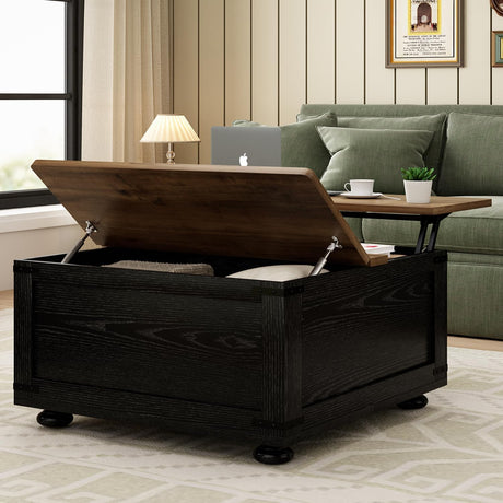 Farmhouse Lift Top Coffee Table with Storage, Black Lift Top Coffee Table with Hydraulic Gas Rod, Large Lift Square Top Coffee Table with Wood Gourd Feet, Coffee Table with for Living Room MaverickFurni