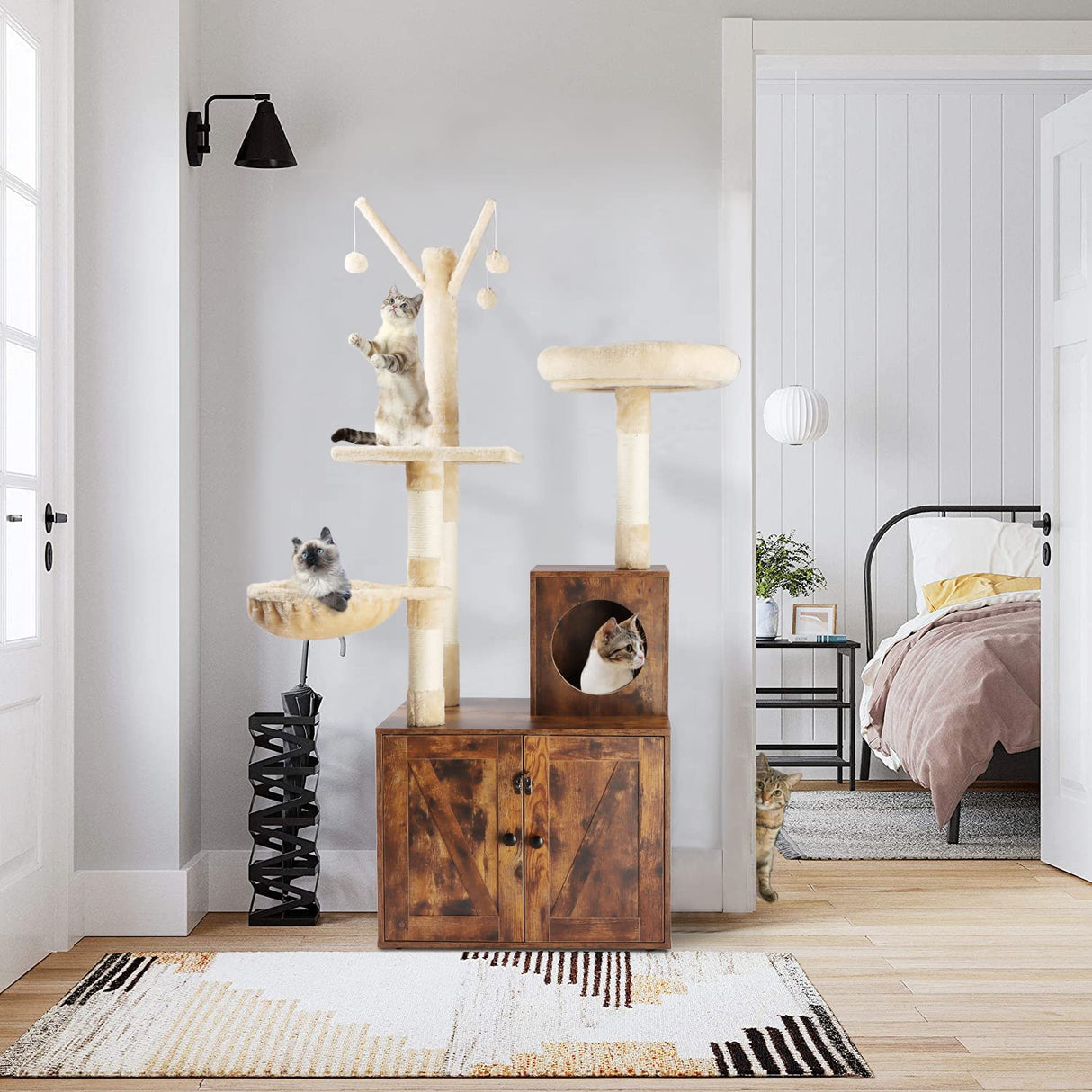 Timberer Litter Box Enclosure with Cat Tree, Wooden Cat House with Cat Tree Tower, Hidden Cat Litter Box Furniture with Scratching Post, Modern Cat Condo, Rustic Brown Timberer