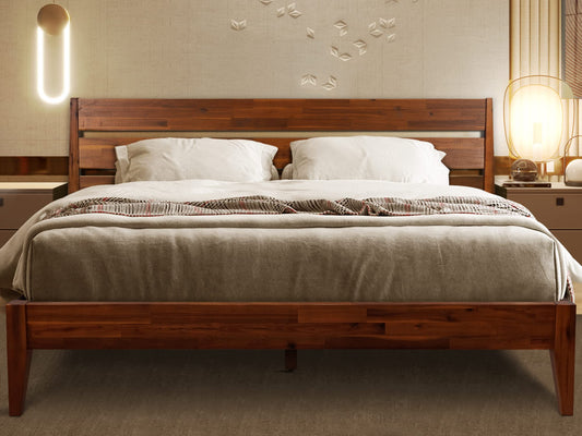 Acacia Emery Bed Frame with Headboard Solid Wood Platform Bed, King Size Bed Frame, Unique Design Contemporary Signature Wood Bed Compatible with All Mattresses, Non-Slip and Noise-Free, Chocolate