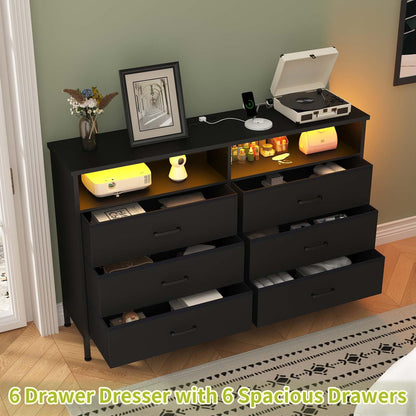 Dresser for bedroom, Black Bedroom Dresser with LED Lights and Charging Station, 6 Long Drawers Dresser, Tall Wide Fabric Chest of Drawers Storage Organizer TV Stand for up to 60" TV for Living Room