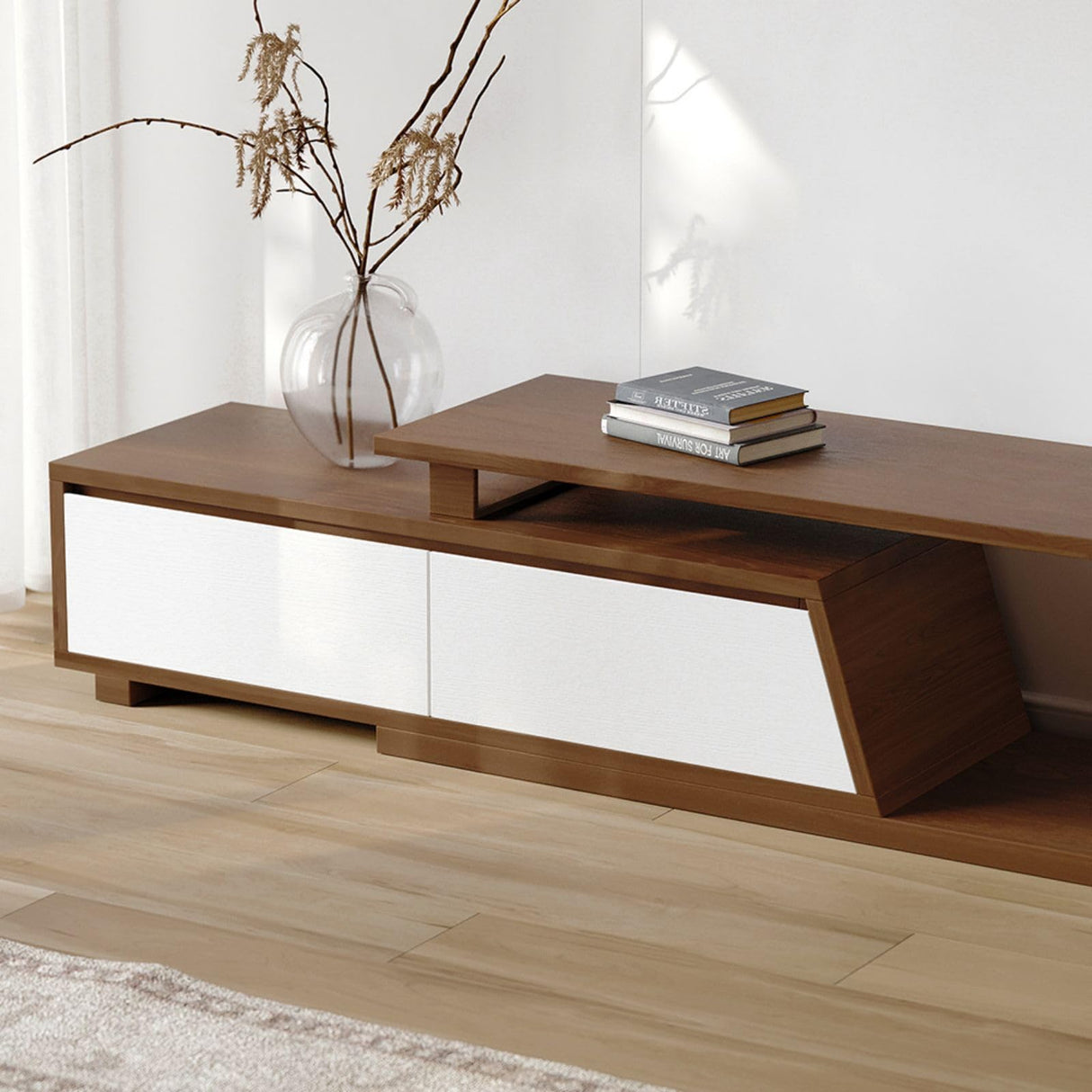 homary Extendable TV Stand with 3 Drawers Minimalist Rectangle Entertainment Center Walnut TV Console Table Up to 110" (Extendable: 70.9”W-110.2”W) (White & Walnut) homary