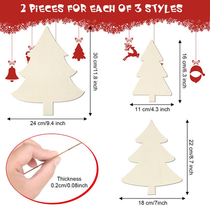 6 Pieces Christmas Tree Wood Cutouts Shape Unpainted Wood Slice Unfinished Wood Plaque Craft Blank Decorative Blank Wood Sign for Crafts DIY Project Christmas Party Wedding Ornament, 3 Sizes