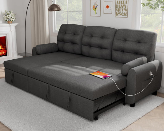 Ucloveria Sectional Sofa Couch, 87" Sleeper Sofa Bed with Reversible Storage Chaise Pull Out Couch for Living Room | Side Pocket | Charging Station | Removable Backrest | Linen Fabric, Dark Grey