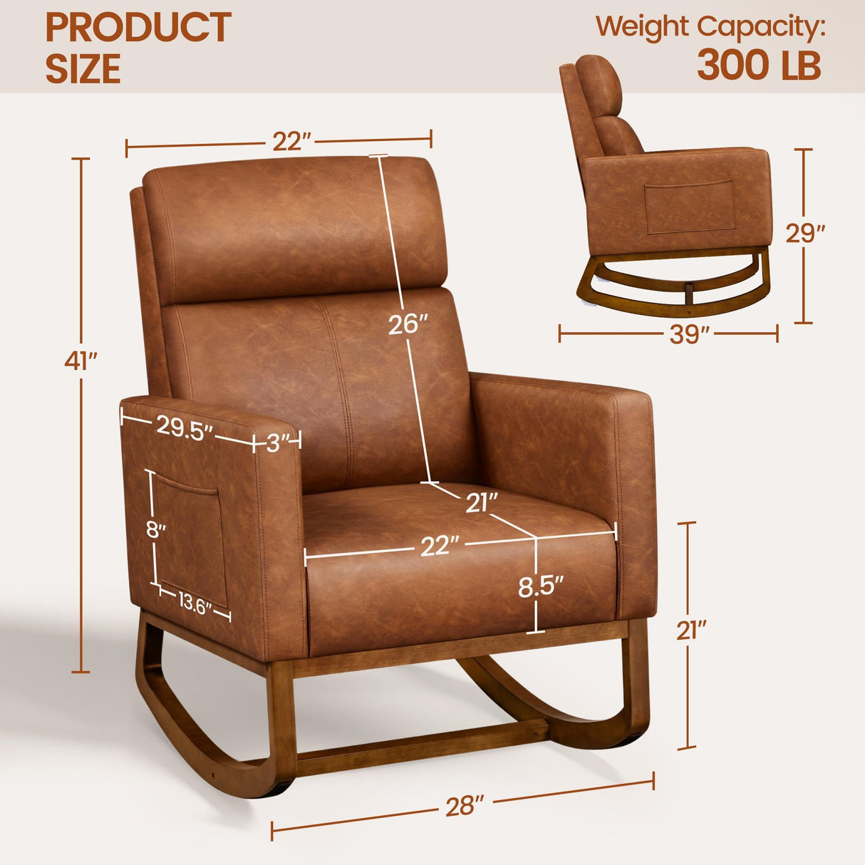 Yaheetech Rocking Chair, Leather Nursery Glider Chair, Upholstered Accent Chair with Rubber Wood Legs and Side Pockets, High Back Armchair for Living Room, Bedroom, Brown Yaheetech