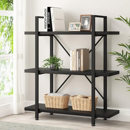 HSH Industrial-Style 3-Tier Black Oak Bookshelf with Metal Frame for Modern Storage - WoodArtSupply