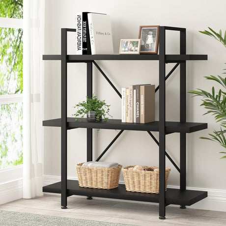 HSH Industrial-Style 3-Tier Black Oak Bookshelf with Metal Frame for Modern Storage HSH