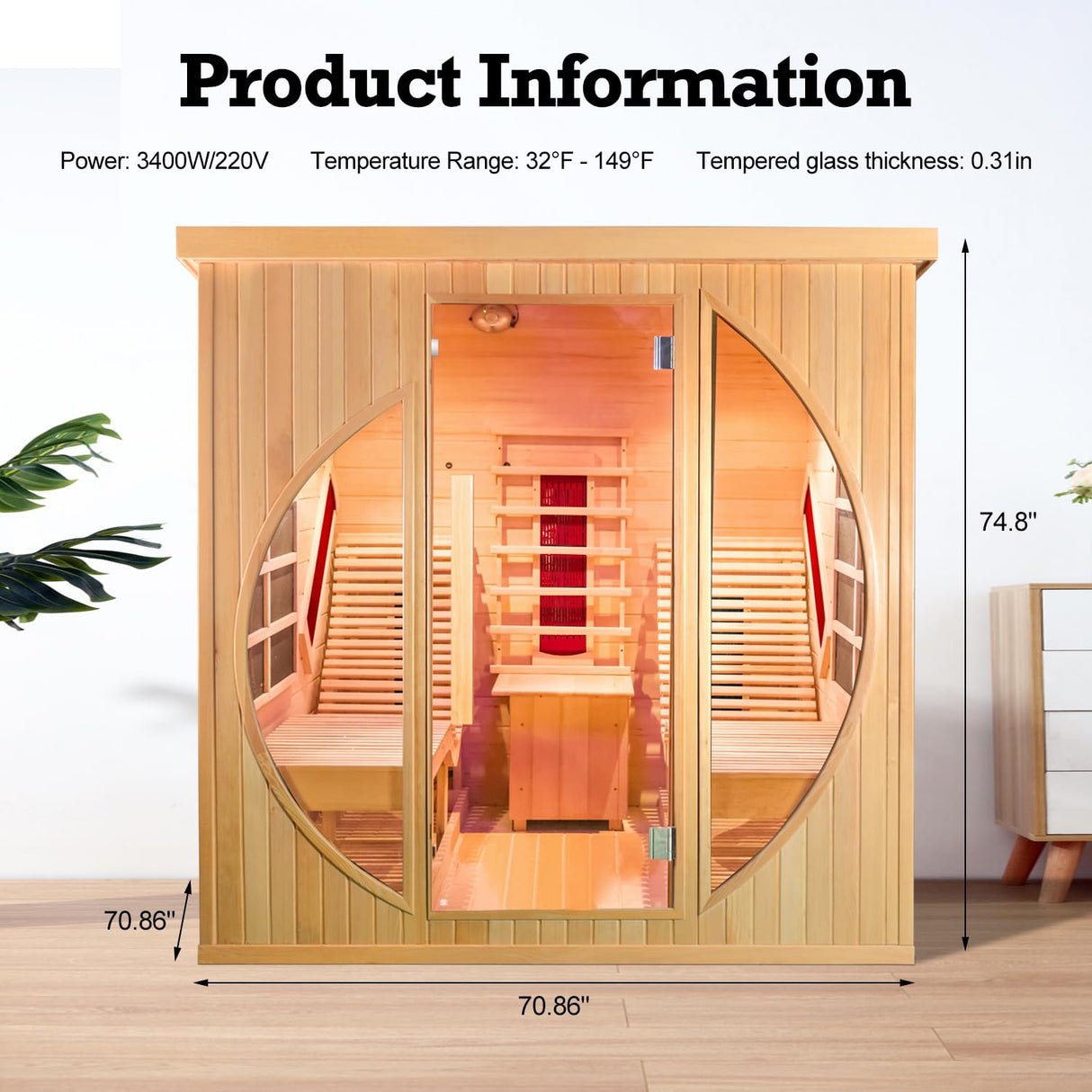 ZONEMEL Far Infrared 2 Person Wooden Sauna Room with Recliner, Canadian Hemlock Luxury Indoor Sauna with 9 Heating Panels, Oxygen Bar, 3400 Watt, Infrared Therapy Wood Dry Heat Sauna, 220V ZONEMEL
