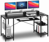 HYPIGO Workstation Desk with Keyboard Tray, 55 Inch Computer Desk with Storage Shelves Monitor Stands and 4 Iron Hooks, Industrial Desk for Home Office HYPIGO