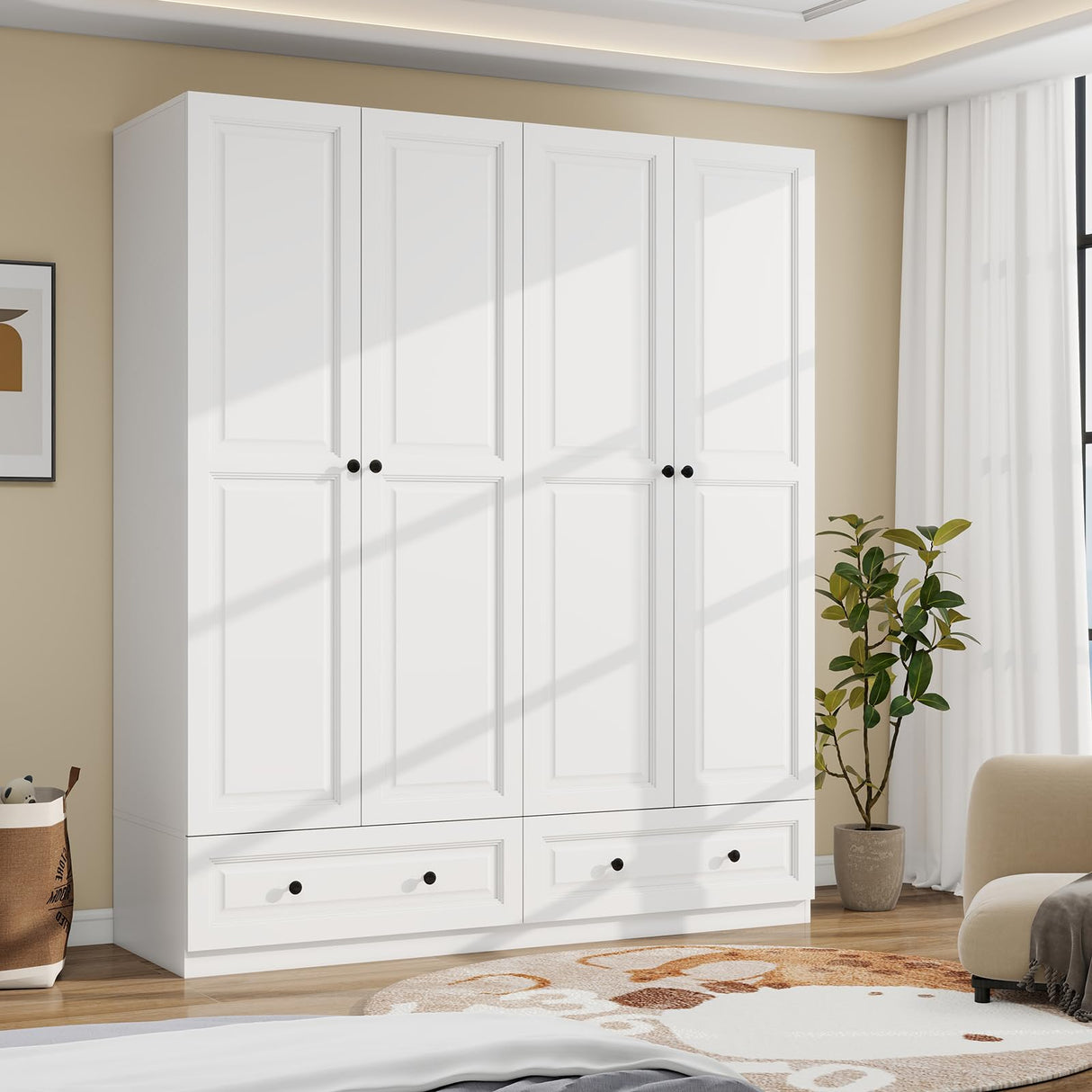Vrmuxita Armoire Wardrobe Closet with Drawers: 74" White Tall Wooden Wardrobe Closet for Hanging Clothes, Large Bedroom Armoires with 2 Drawers, 4 Door Armoire Storage Cabinet (White, 63") Vrmuxita