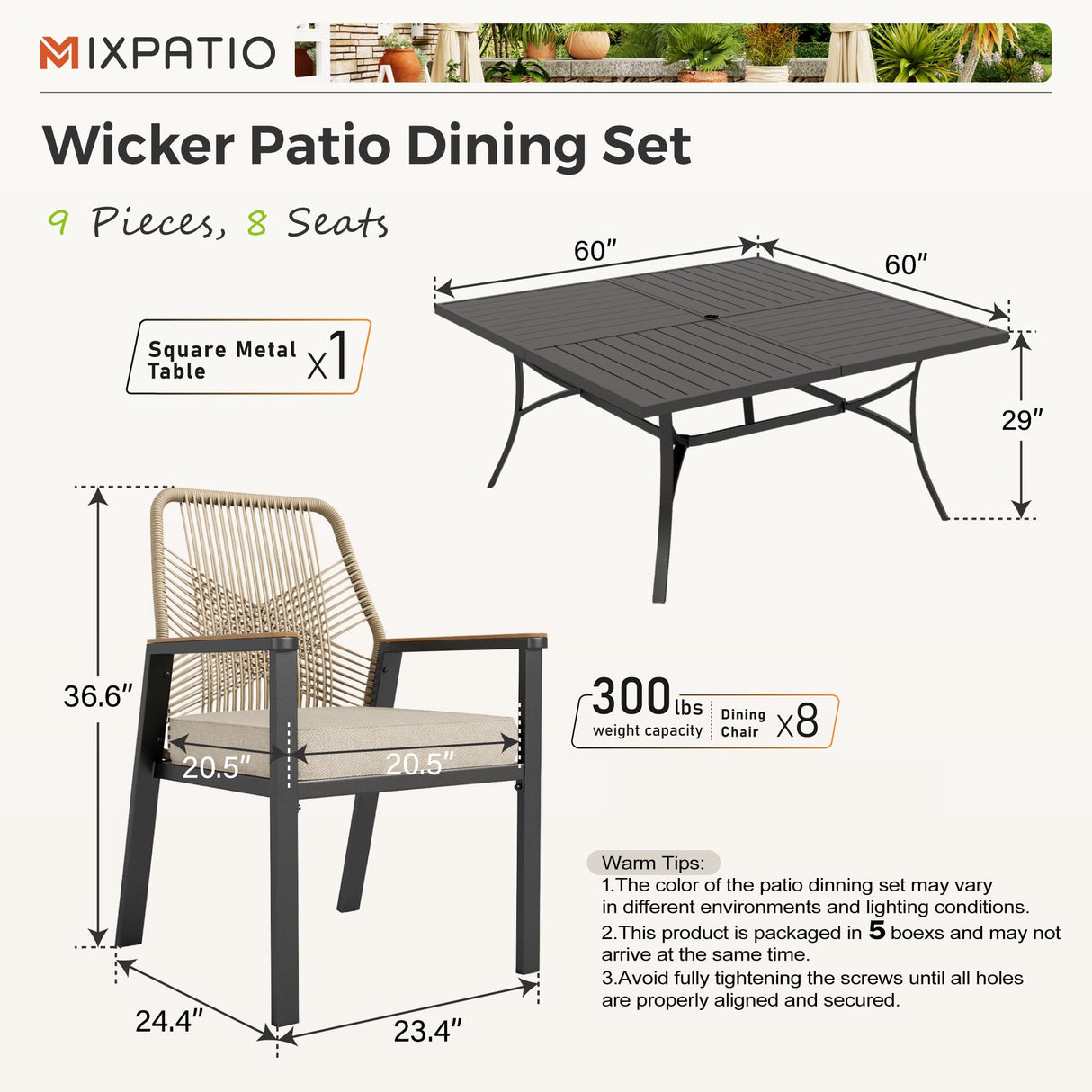 MIXPATIO 9 Pieces Outdoor Dining Set for 8, Patio Dining Set Wicker Rattan Chairs with Soft Cushion and Square Table with Umbrella Hole, Wicker Patio Table and Chairs for Backyard Porch MIXPATIO