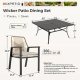 MIXPATIO 9 Pieces Outdoor Dining Set for 8, Patio Dining Set Wicker Rattan Chairs with Soft Cushion and Square Table with Umbrella Hole, Wicker Patio Table and Chairs for Backyard Porch MIXPATIO
