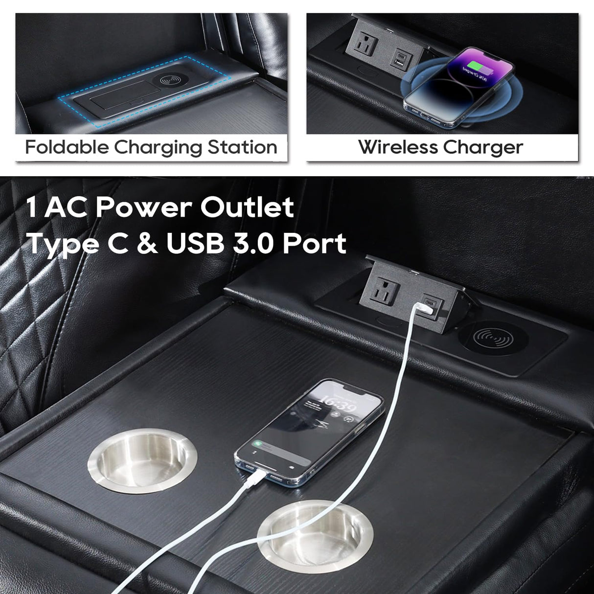 Power Recliner Sofa Set with Bass Speaker for Living Room,Faux Leather 3 Seater Reclining Sofa and Loveseat Seating Couch w/ Wireless Charger,Reading Light,LED Lights,Home Theater Love seat Sets,Black Comfort Stretch