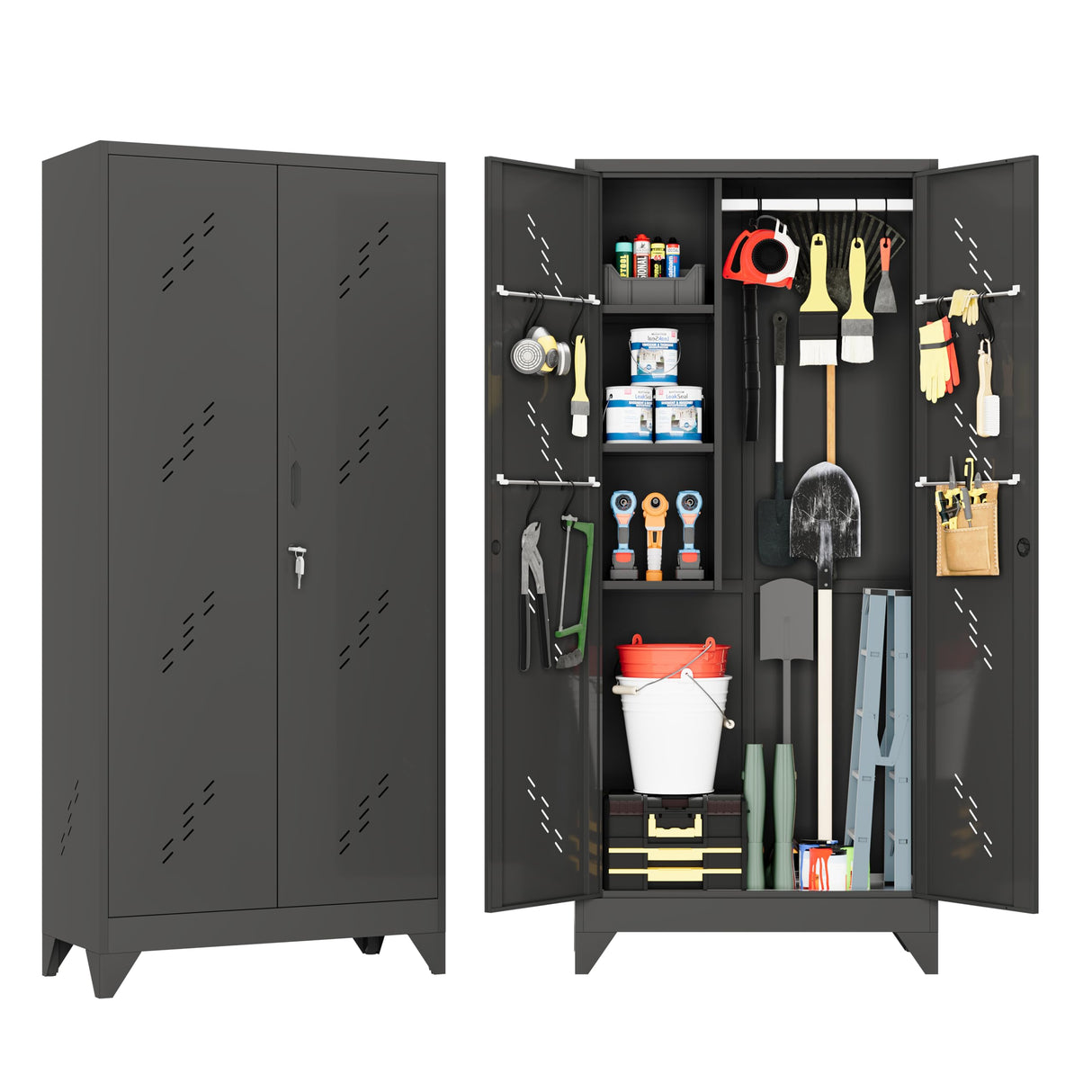 RpAosd 75" Broom Closet, Metal Storage Cabinet, Garage Cabinets with Doors and Shelves, Locking Cabinet for Garage, Laundry, and Warehouse, Garden Shed with Hanging Rod (75" H Black Cabinet) RpAosd
