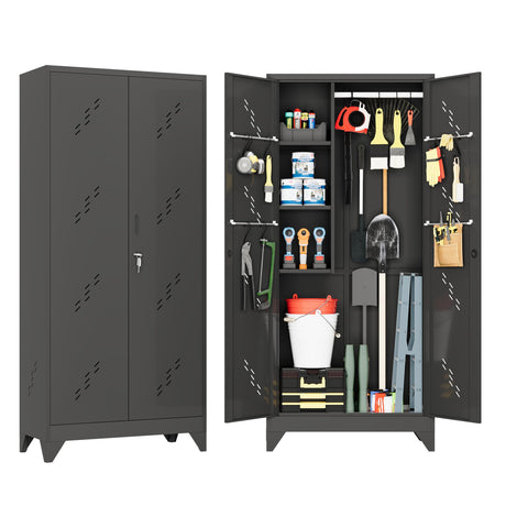 RpAosd 75" Broom Closet, Metal Storage Cabinet, Garage Cabinets with Doors and Shelves, Locking Cabinet for Garage, Laundry, and Warehouse, Garden Shed with Hanging Rod (75" H Black Cabinet) RpAosd