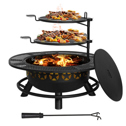 Hykolity 35 Inch Fire Pit with 2 Cooking Grate & Charcoal Pan, Outdoor Wood Burning BBQ Grill Firepit Bowl with Cover Lid, Steel Round Table for Backyard Bonfire Patio Picnic