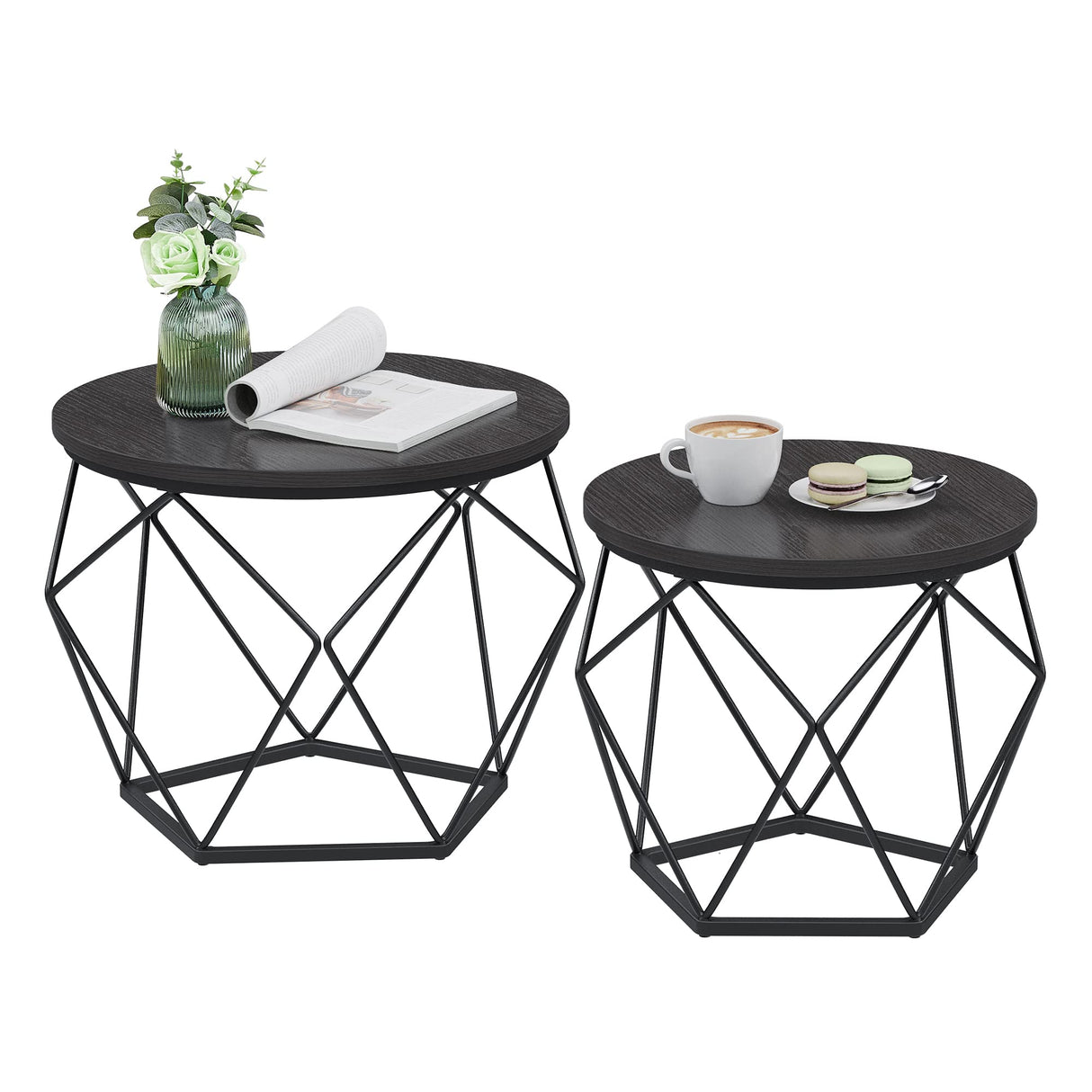 VASAGLE Small Coffee Table Set of 2, Round Coffee Table with Steel Frame, Side End Table for Living Room, Bedroom, Office, Charcoal Gray and Ink Black VASAGLE