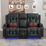 TUNYI Power Recliner Chair with Massage & Heat, Faux Leather Recliner Sofa Chair with LED Light, Home Recliner Theater Seating with USB Port/Lumbar Pillow/Cup Holder/Side Pocket (Black, Loveseat) TUNYI