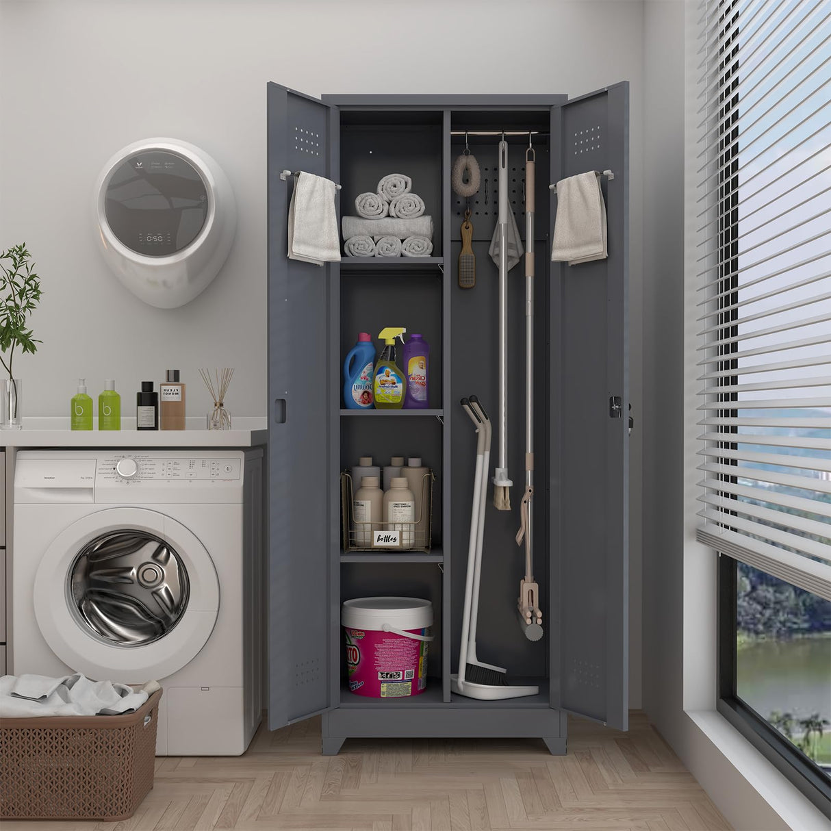 GREATMEET 65" H Metal Garage Storage Cabinets with Lock Door and Adjustable Shelves,Grey Broom Closet Storage Cabinet for Cleaning Supplies for Garage, Bathroom,Kitchen,Home GREATMEET