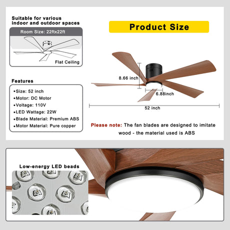 Ohniyou 52” Flush Mount Farmhouse Ceiling Fan with Lights, Remote & APP Control Low Profile Indoor Outdoor Ceiling Fans, Dimmable, Quiet DC Motor, Reversible, Black+Wood Ohniyou