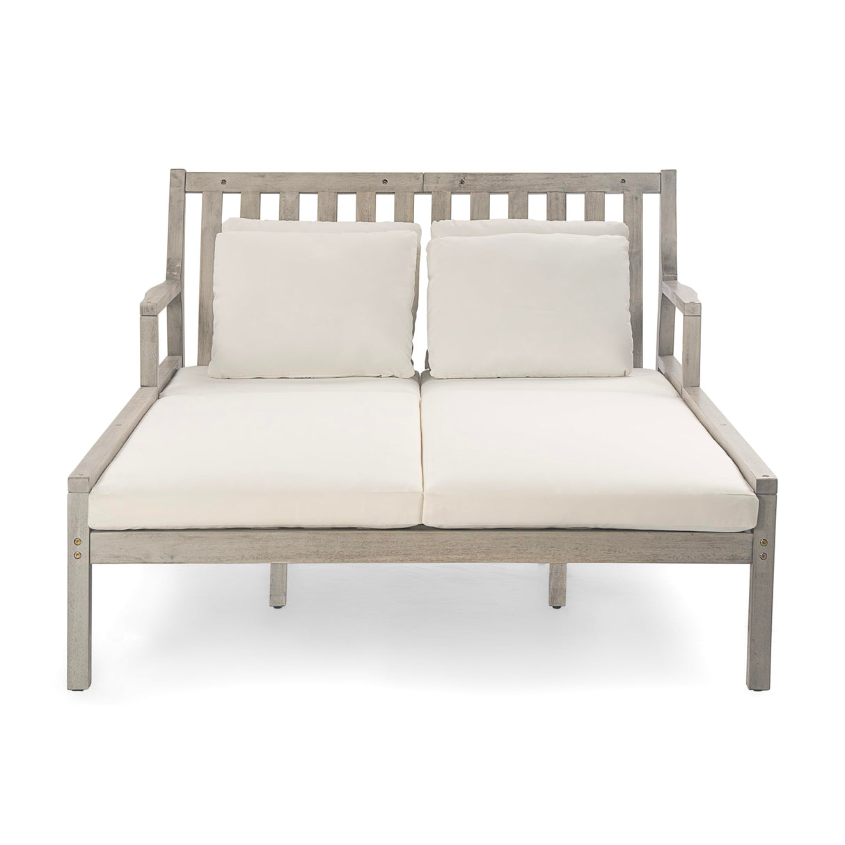 Merax Outdoor Daybed, 3 Seater Acacia Wood Daybed, Patio Day Bed with Four Pillows, Wooden Outdoor Bed with Curved Armrests for Poolside, Backyard, Garden, Gray Merax