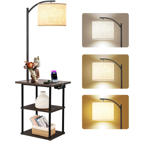 PESRAE Floor Lamp with Table, End Table with Charging Station(USB & Type-C & AC Port), 3 Color Temperatures 9W LED Bulb, Modern Shelves Side Table for Bedroom, Living Room PESRAE