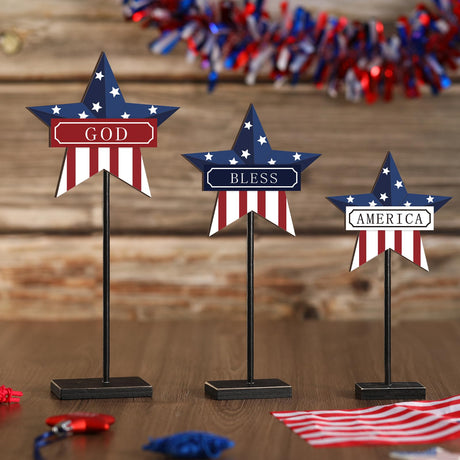 DoubleFill 3 Pieces Patriotic Decorations Memorial Day Wooden Star Tabletop Decor 4th of July Red White and Blue Star Sign for Independence Day Tiered Tray Table Home Decor DoubleFill
